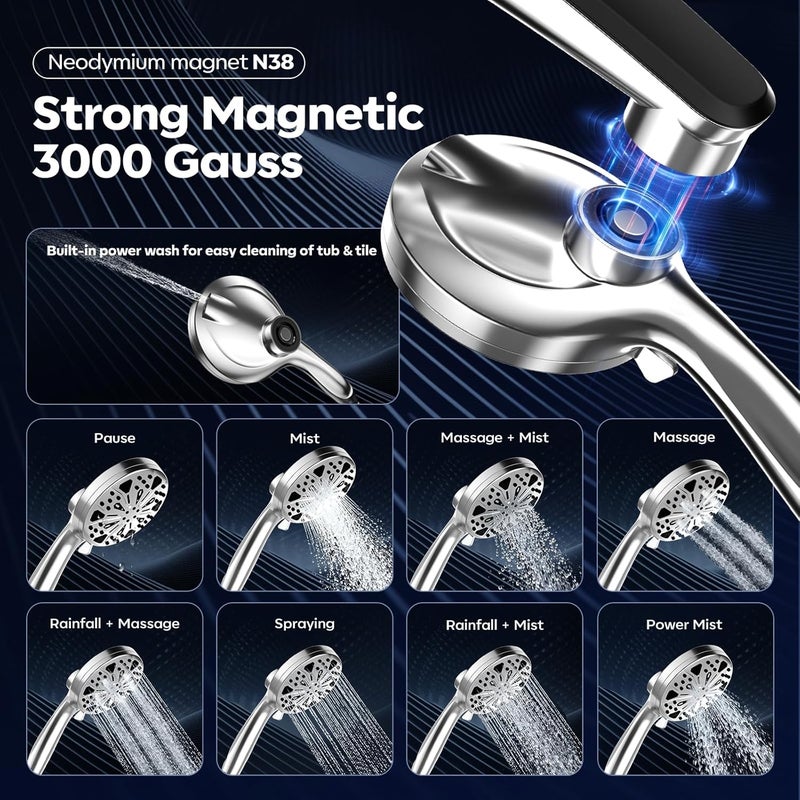 Razime Shower Head with filtered Handheld High Pressure daul Shower Heads with Handheld Spray Combo and 10 Sprays Handheld Shower Head Detachable Shower head Built-in Magnetic Docking and Power Jets Chrome - Image 2
